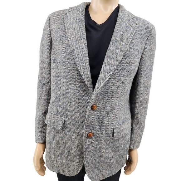 Mens Harris Tweed Wool Blazer Nordstrom Handwoven Scottish Herringbone Gray Size - Picture 12 of 12